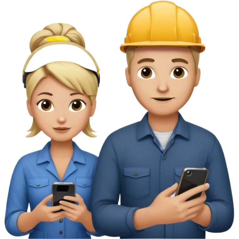 White male construction electrician and pretty darker blond office hair stylist with a bun hoding phone emoji