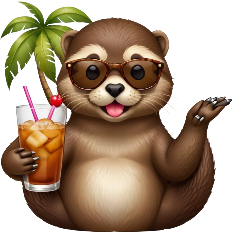 Otter with sunglasses drinking a cocktail from a coconut, showing middle finger and sticking out it’s tongue emoji