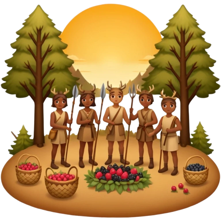 A simple, flat-style illustration of a small group of people with spears and baskets, gathering berries and hunting a deer, surrounded by trees and a sunset—emoji aesthetic, warm earth tones. emoji