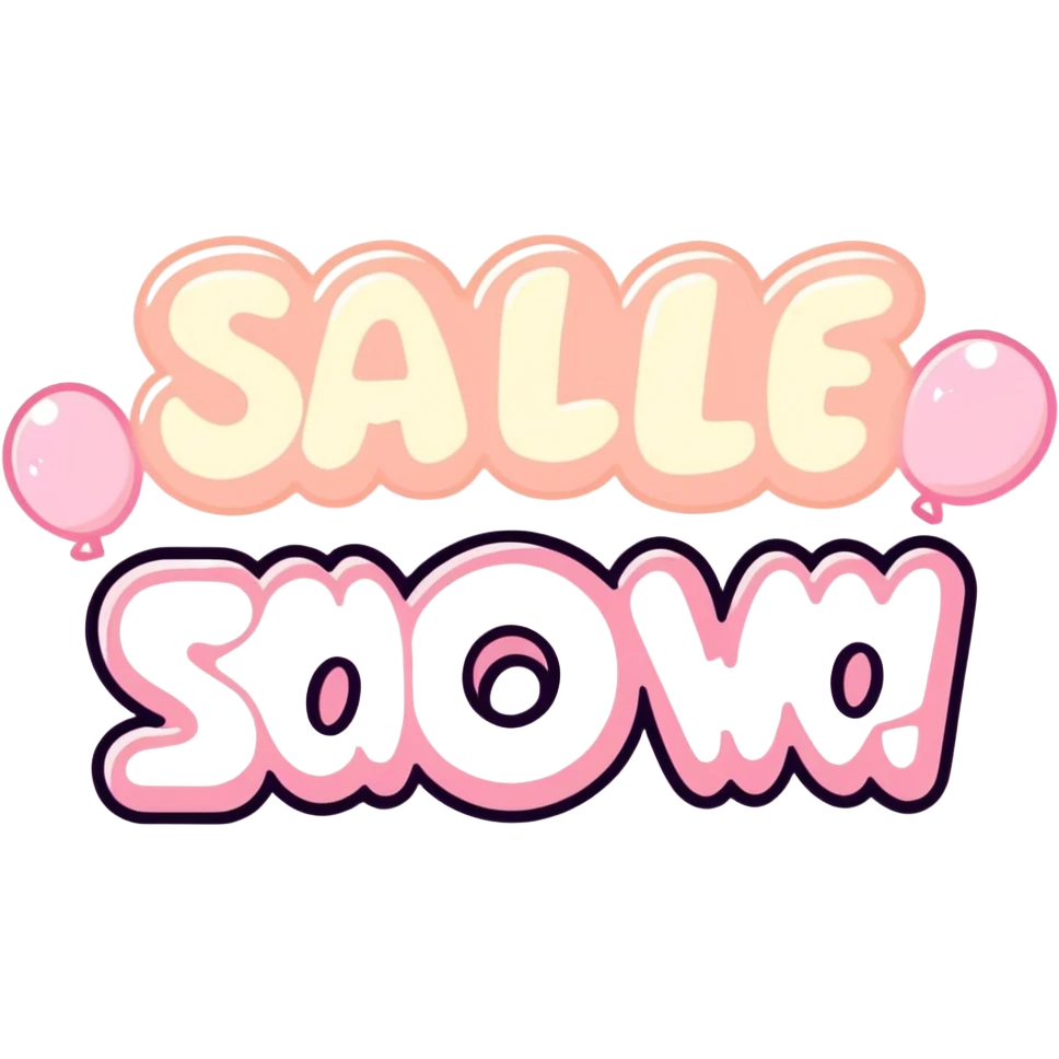 kawaii hand-drawn typography saying 'Sale Now!' with pastel pink and cream gradient bubble lettering, soft white outline, cute sparkles around the text, transparent background emoji