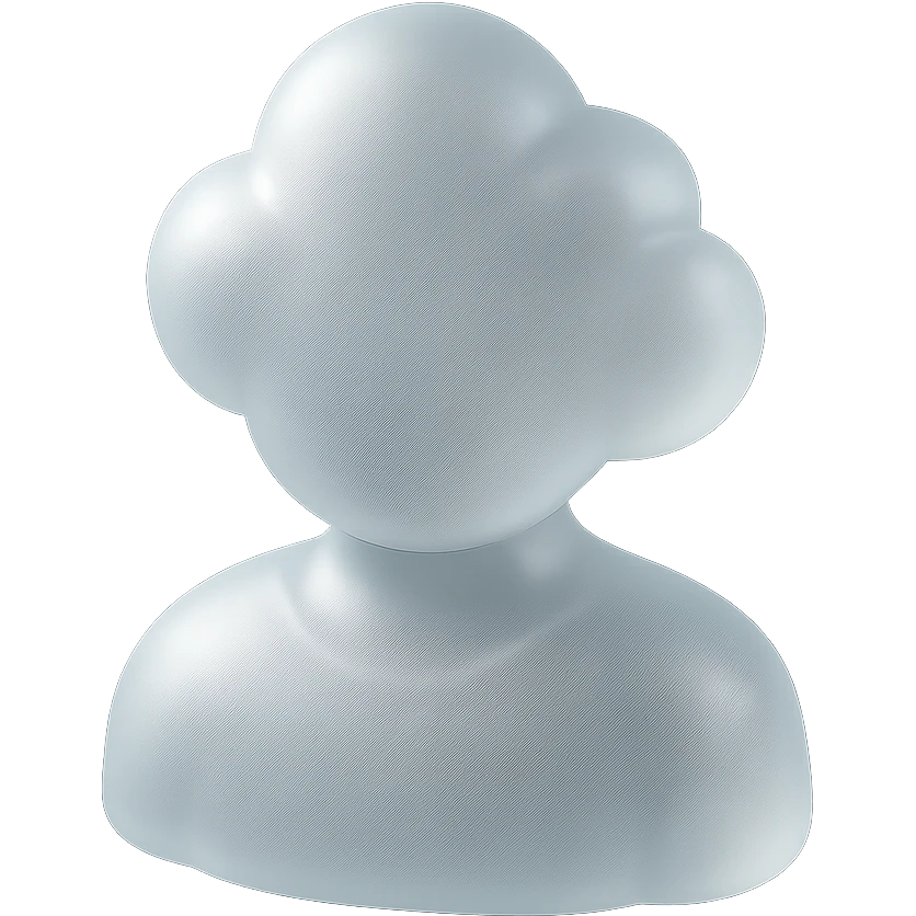 front view, person shoulders up, body and head made of white convex clouds, matte glass style emoji