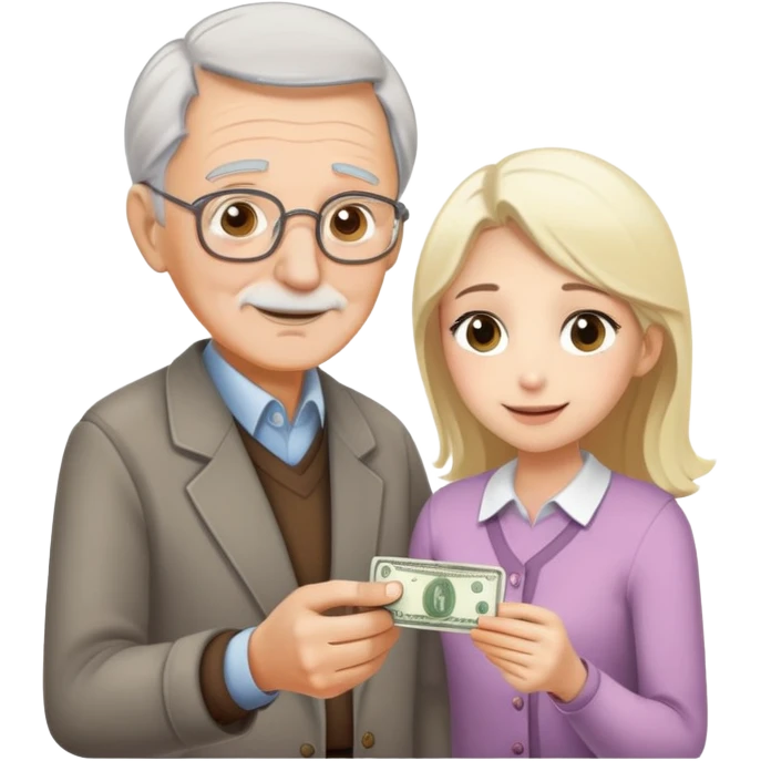 Kind elderly grandfather with gray hair giving money to a pretty blonde young woman who needs financial help, supportive family moment emoji