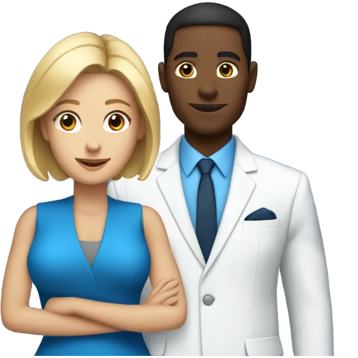 Black guy in a blue suit with a white blonde lady in a blue suit emoji