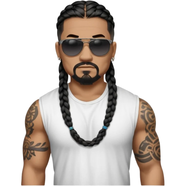 Samoan male. Chin goatee.
Unticked loose fitting white t-shirt. 
long black braided hair.
very muscular.
More tattoos. 
Tough and menacing.
Dark black sunglasses. emoji