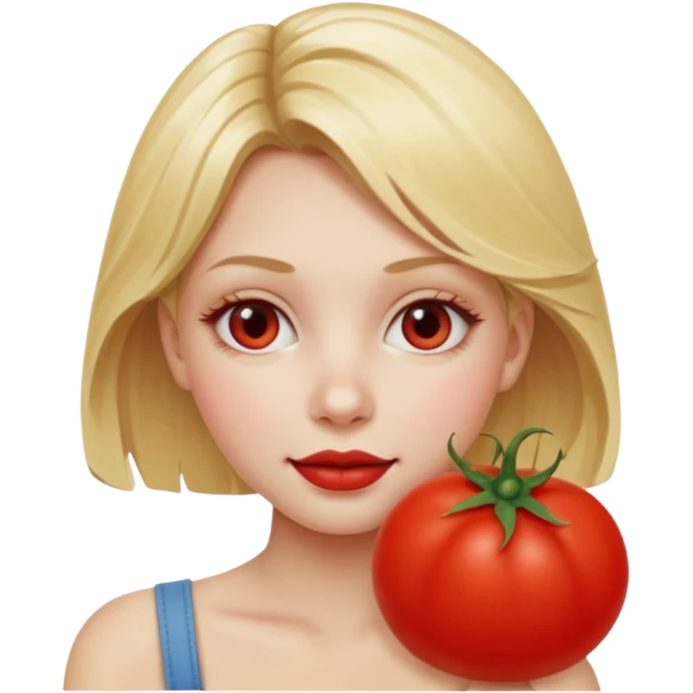blonde girl, with a red face shaped as a tomato emoji