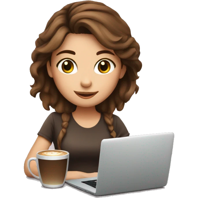 cute girl with brown hair working on laptop and drinking coffee emoji