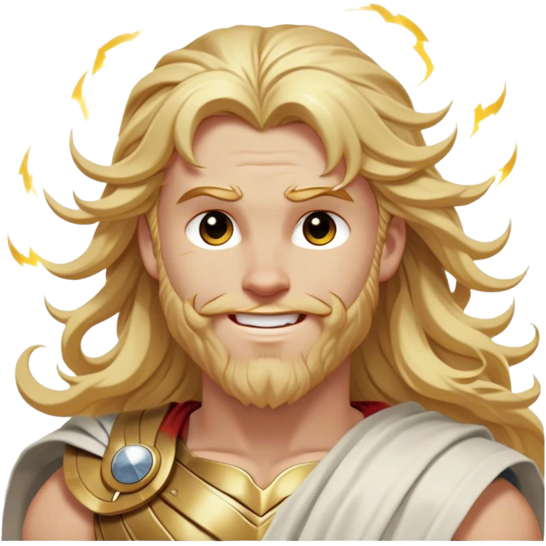 Cinematic Realistic Thor Portrait, head tilted dramatically with an exaggeratedly amused expression, featuring lively, twinkling eyes and a subtle, roguish grin. His fair, radiant skin and long, wavy golden hair, rendered with classical precision, complement his draped white toga adorned with delicate golden details and mythic lightning hints, all brought to life with dynamic lighting that captures both his divine power and playful, approachable charm. emoji