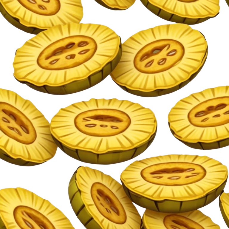 Cinematic Realistic Patacones Dish Emoji, depicted as twice-fried plantain slices with a crispy exterior rendered with detailed textures and dynamic, inviting lighting. emoji