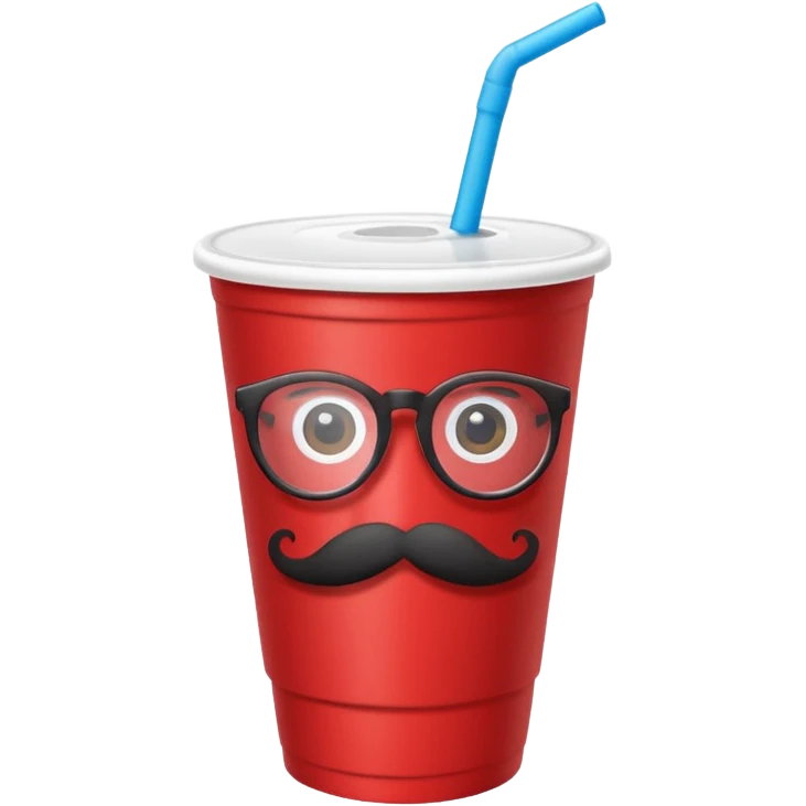 paper red cup and white straw, the cup has eyes and mouth and glassess and mustache emoji