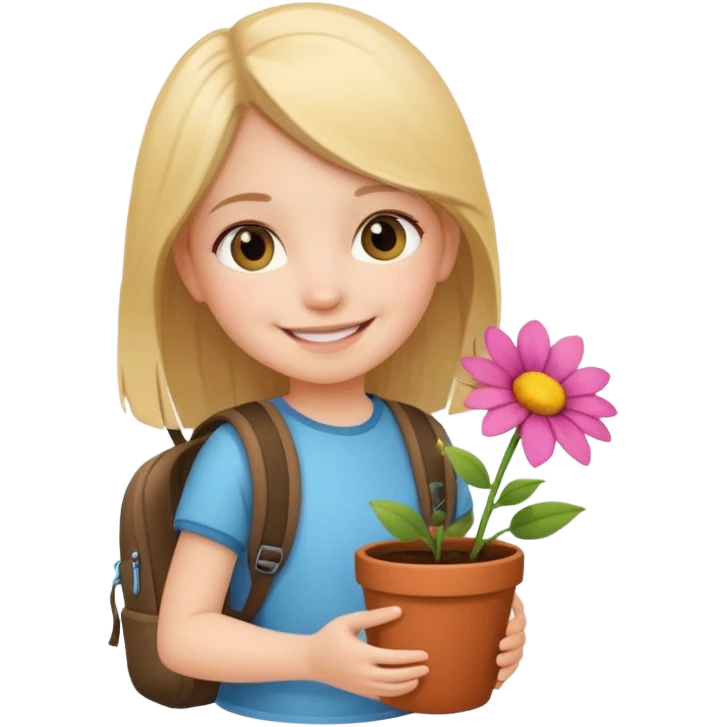 young girl wearing packpack, holding a flower pot emoji