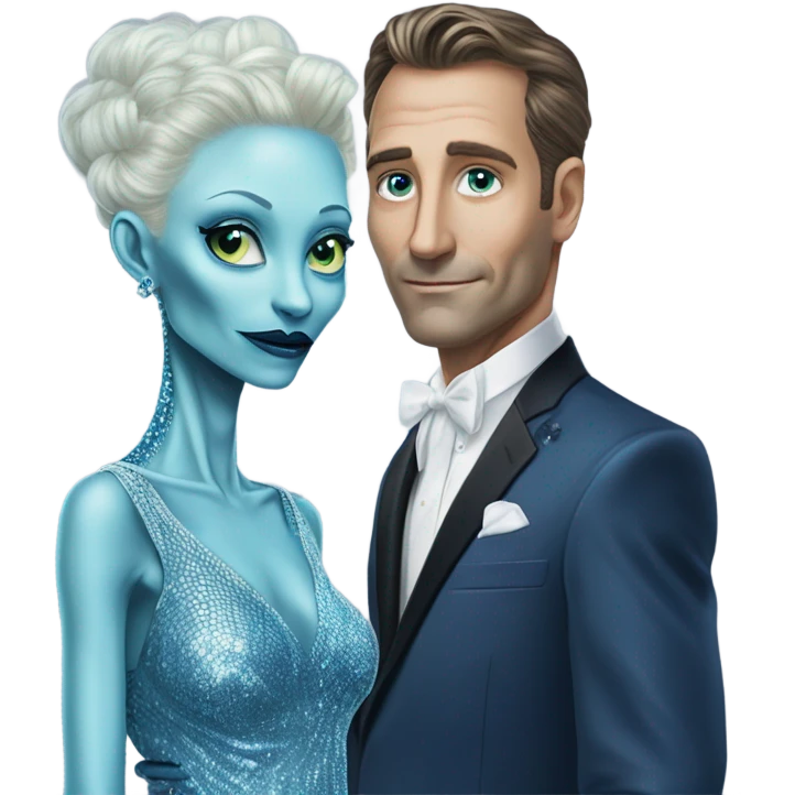 reptilian alien woman, in long slim pastel blue formal party satin dress with gradient shiny sparkling navy blue diamonds embroidered , and caucasian man in black dress emoji