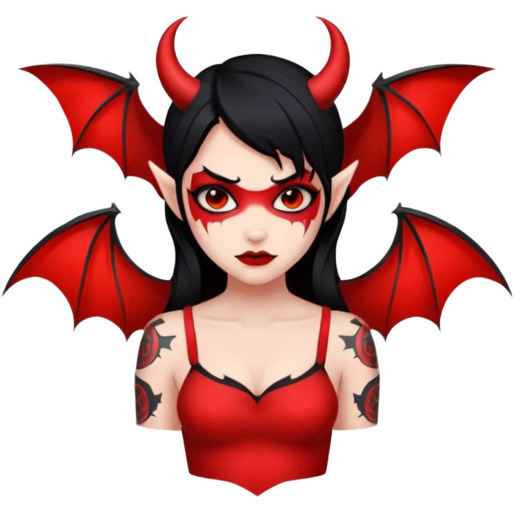 Demon girl: red skin, black hair, small horns, bat wing; tattoo-flash comic style; red/black palette; bold outlines; dark background; no text. emoji