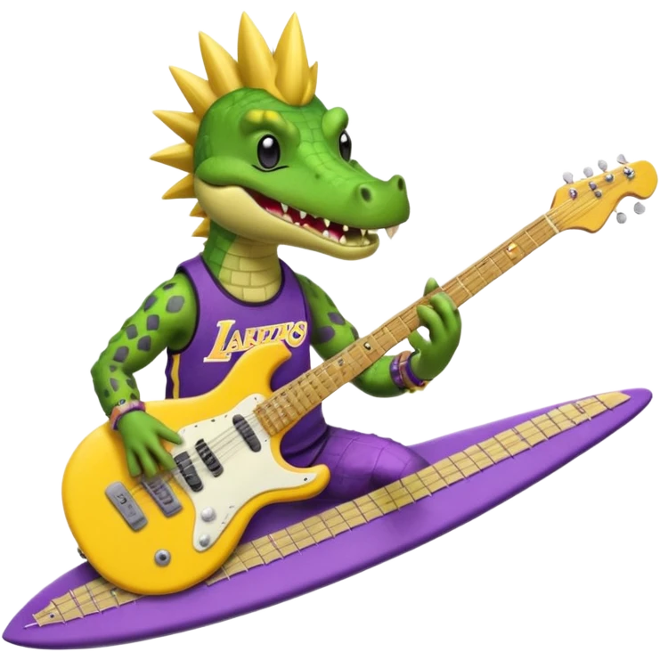 Crocodile with a Mohawk, wearing a Lakers jersey while playing the guitar while surfing  emoji