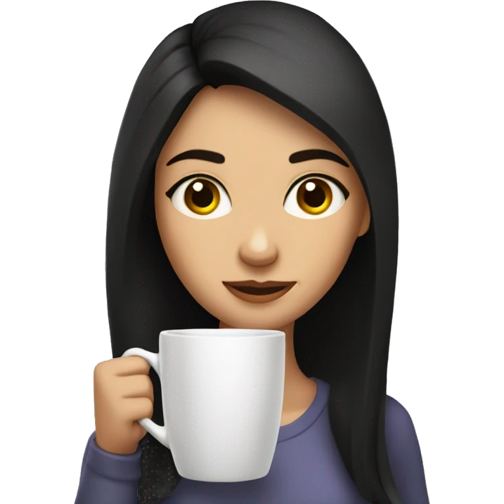 a girl with fair skin and dark hair drinks a large mug of coffee emoji