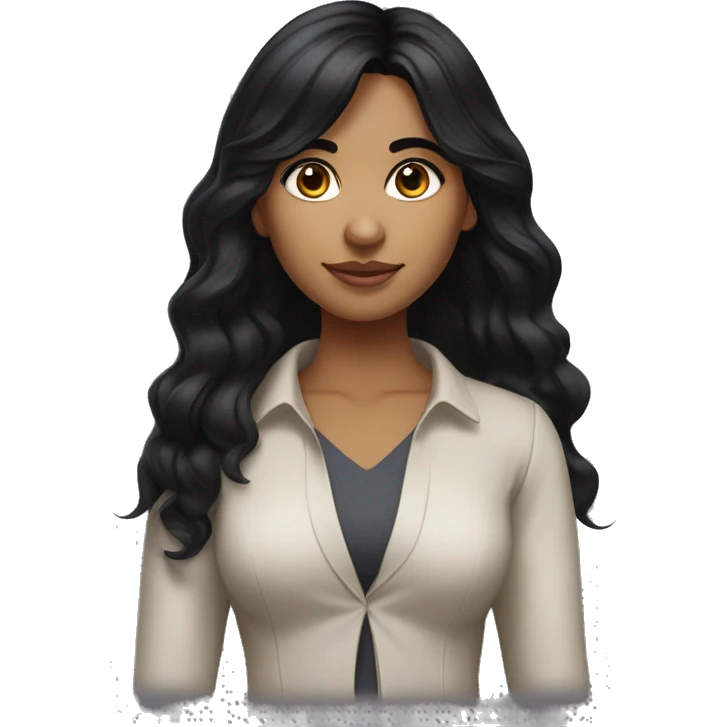 Indian girl with shoulder length wavy black hair and wispy bang with dark brow eyes wearing a modern outfit. emoji
