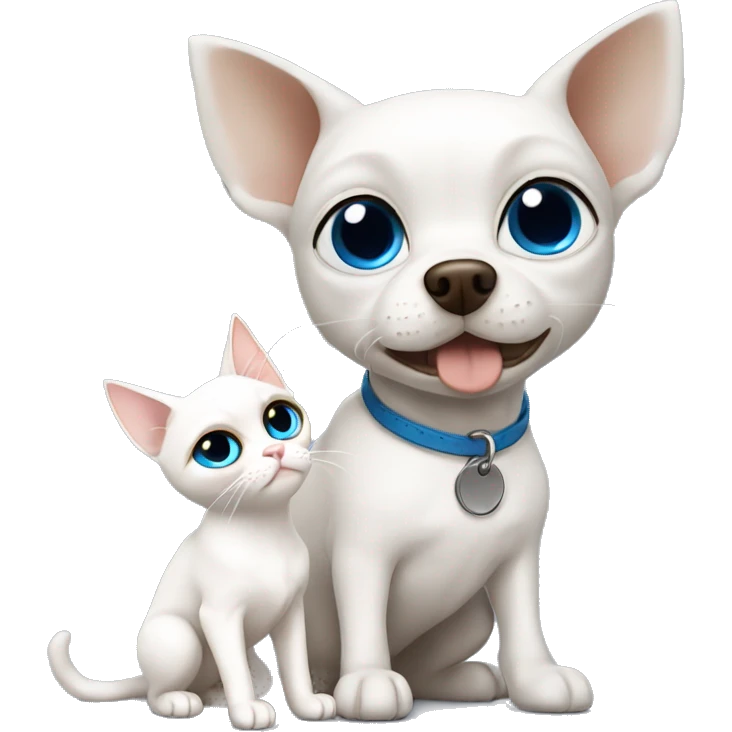 white cat blue eyes standing next to tan chihuahua with dark eyes  emoji