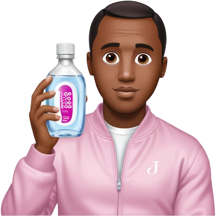A realistic product shot of a transparent bottle of Johnson’s Baby Oil by Johnson & Johnson, featuring a soft pink label. The oil inside is crystal clear and glossy. Sean "Diddy" Combs is holding the bottle emoji