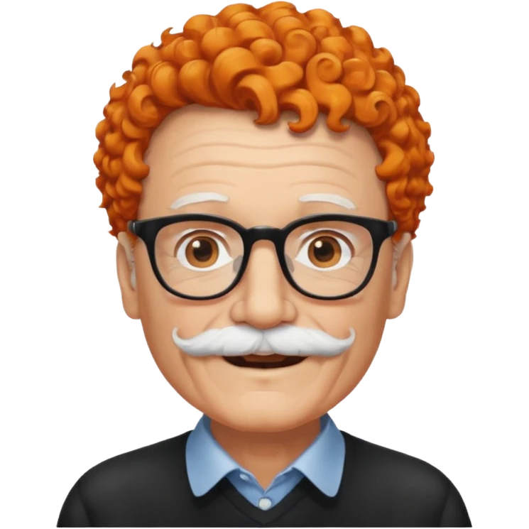 An elderly man with curly orange hair, brown eyes, black glasses, and a white mustache, wearing a gentle smile. emoji