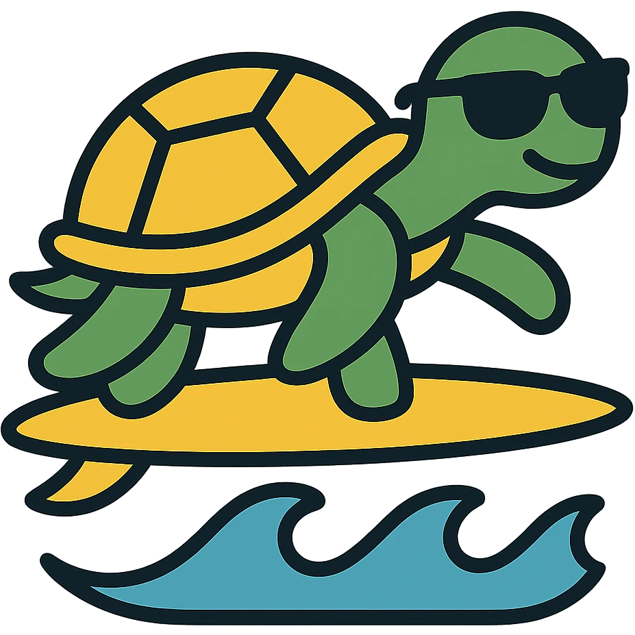 Add cool sunglasses to the surfing turtle. Keep the color outline icon style with clean lines, playful and modern look, no background. emoji