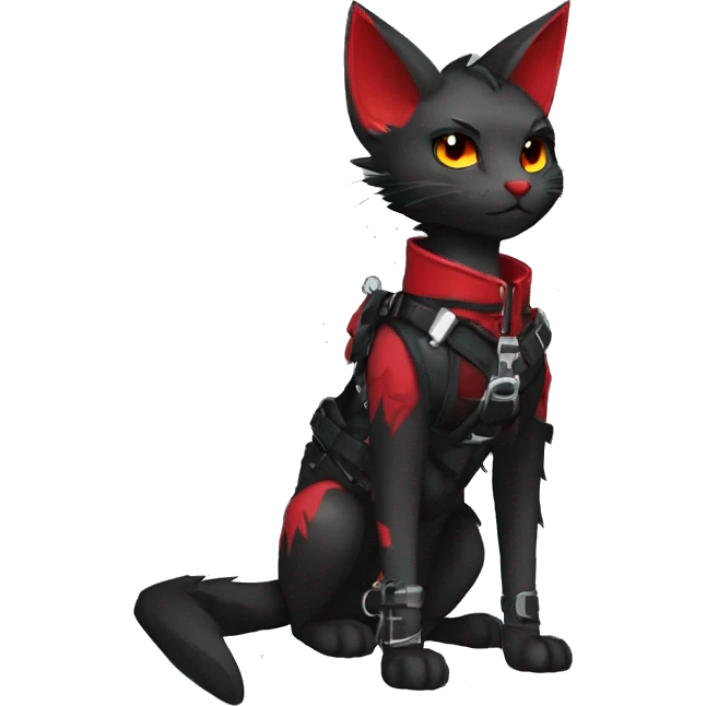 Anthro cool edgy elegant pretty black punk techwear red fantasy nargacuga-bat-cat-Fakemon collar harness warrior full body emoji