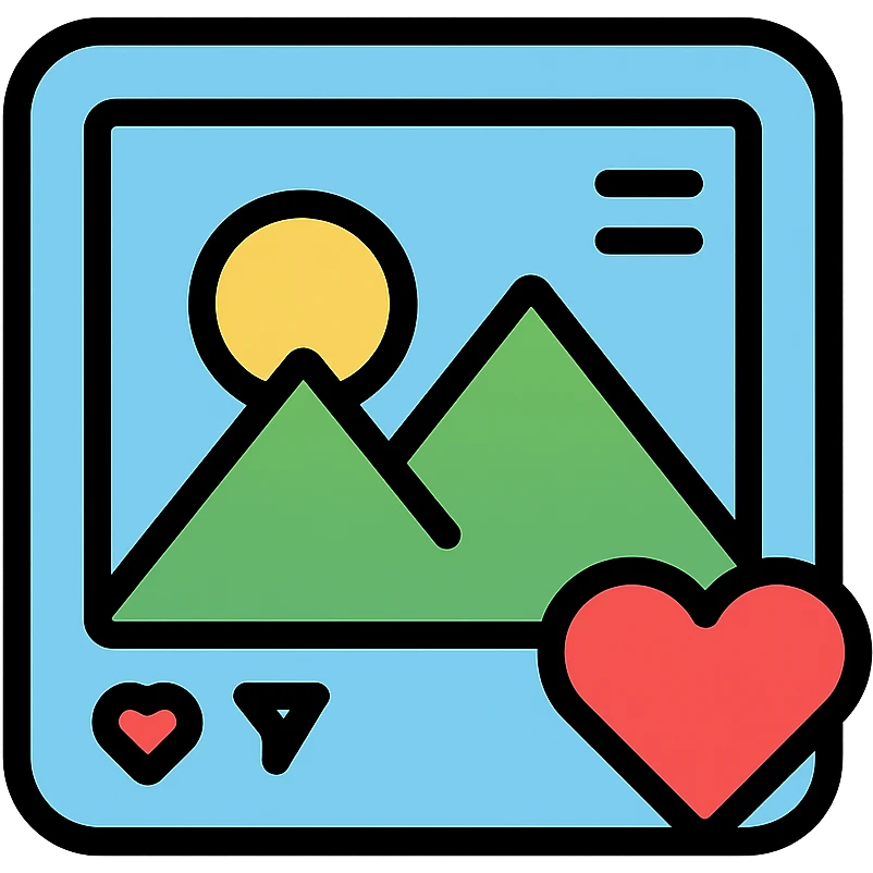 Instagram post icon with a stylized image and like symbol, modern icon style emoji