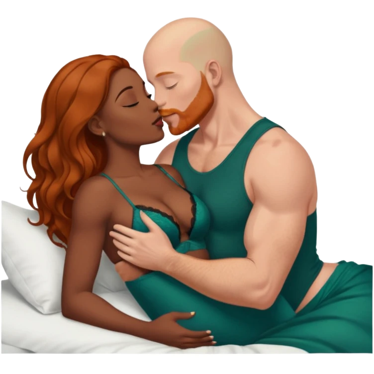 Muscular Bald white male who has a ginger beard & blue eyes, passionately kissing curvy African dark brown woman who has long brownish hair wearing dark green lingerie displaying love, making tenderness, physical romance, bonding & affection, caress, sensual touch, in bed for birthday  emoji