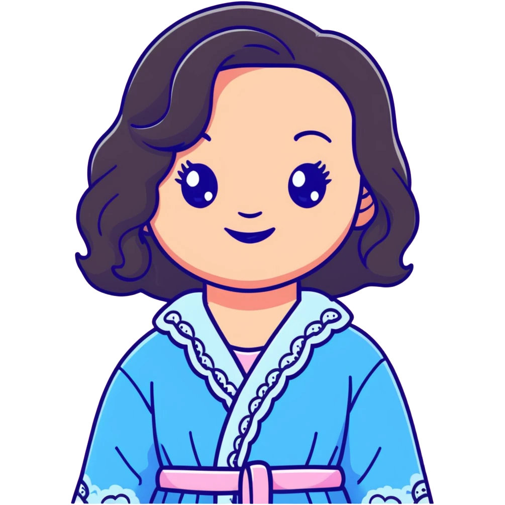 a girl with dark brown wavy hair just below her shoulders, with blue eyes, full lips, pink cheeks, plump skin, in a lace blue robe with a smile. emoji