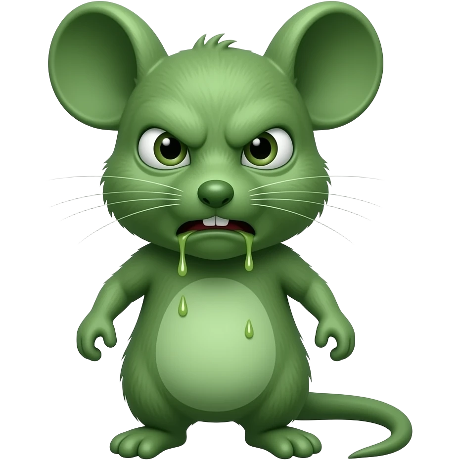 A little green mouse standing upright, with arms and legs that look like those of a little person, staring at us with loathsome and revolting face on its face, with vomit. The mouse’s body is entirely green. emoji