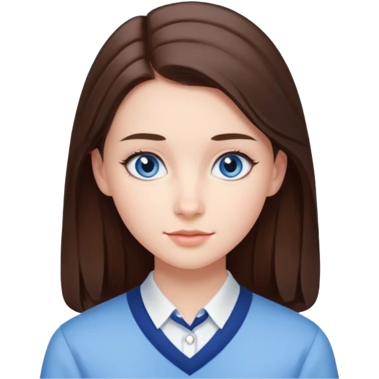 Realistic Student Portrait, with porcelain-like skin featuring a natural rosy flush, iHer Brunette Half-Up Style for Straight  hair flows in soft, Her deep blue eyes radiate warmth and innocence,  wear light blue preppy style. emoji
