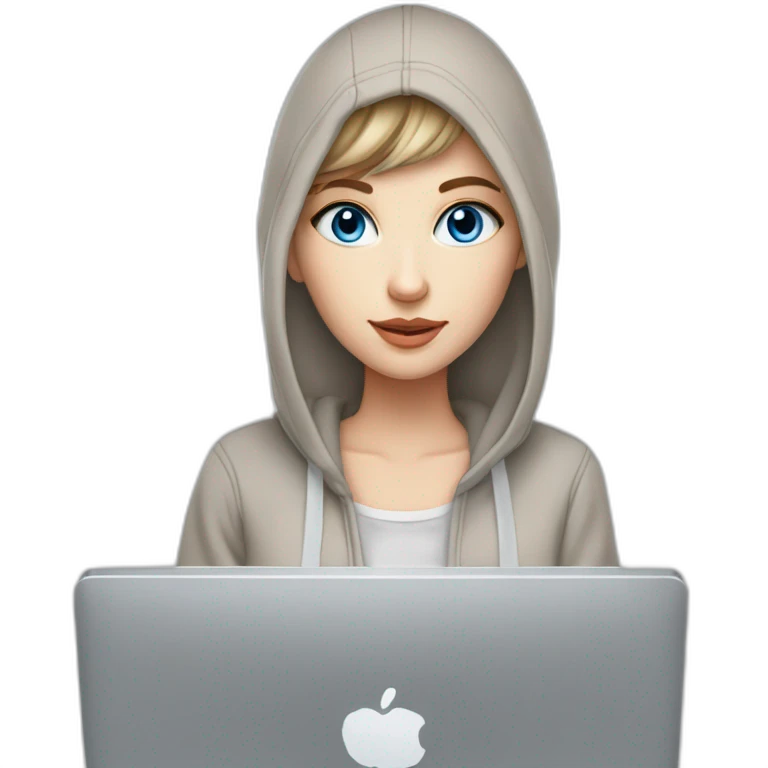 beautiful girl with computer,blue eyes,beautiful girl with short hair with computer,blue eyes,white skin, makeup, hoodie,short light-brown hair,code in background emoji