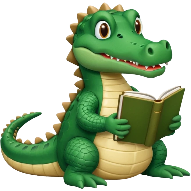 A claymation-style academic alligator with a book. The background is a solid white circle emoji