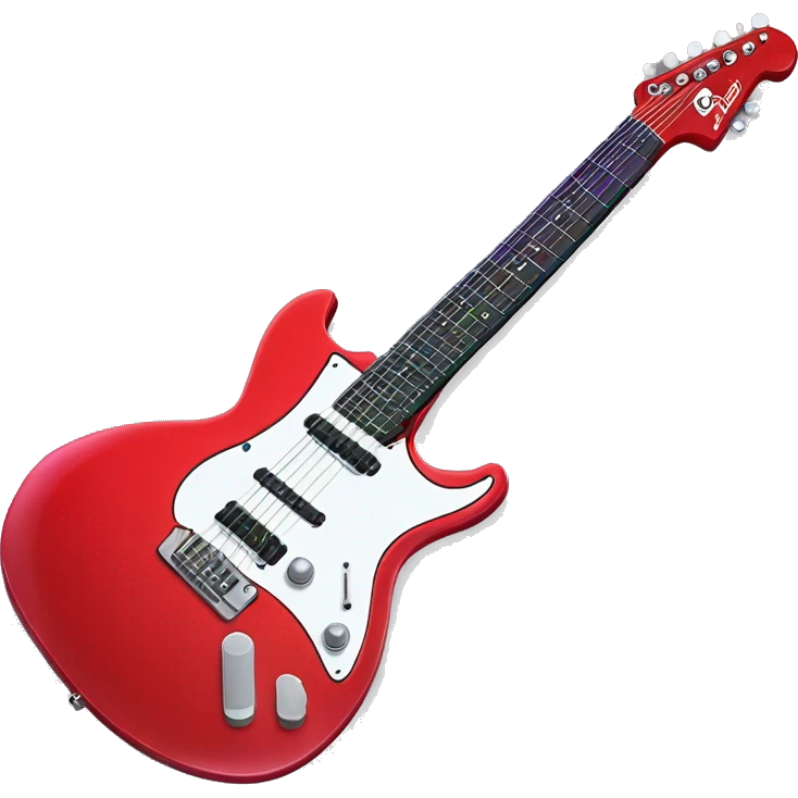 A bright red electric guitar with a shiny finish, white pickguard, and neon green strings. Add a glowing purple outline and faint music notes around it.   emoji
