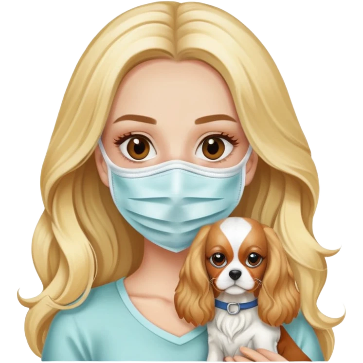 Very pretty blonde bombshell girl with long hair wearing a face mask on her skin and holding a Blenheim cavalier emoji