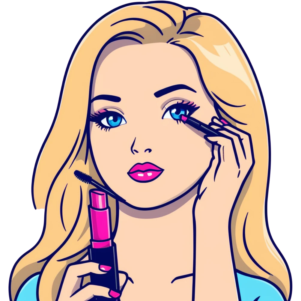 Blonde woman with long hair, blue eyes and pink lips holding mascara in her hands emoji