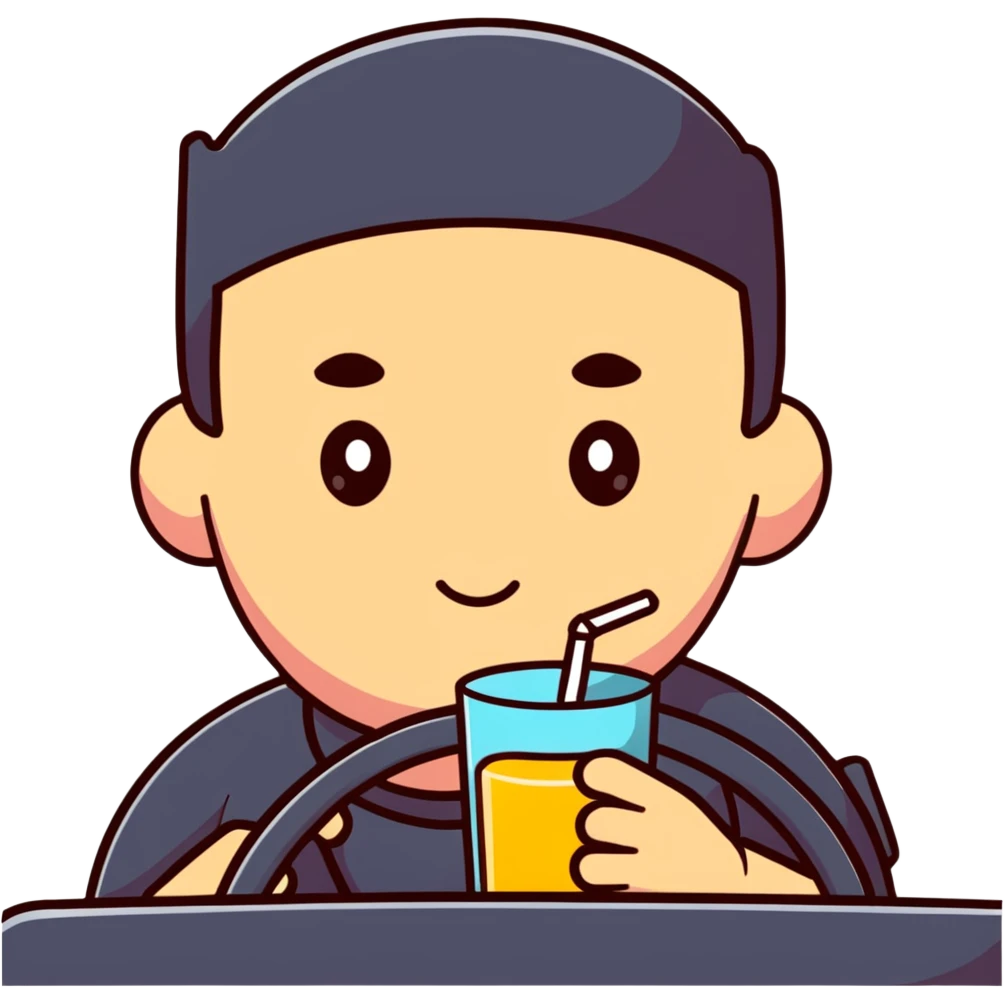 driver with flushed cheeks, one hand on the wheel, the other holding a drink, exaggerated expression emoji