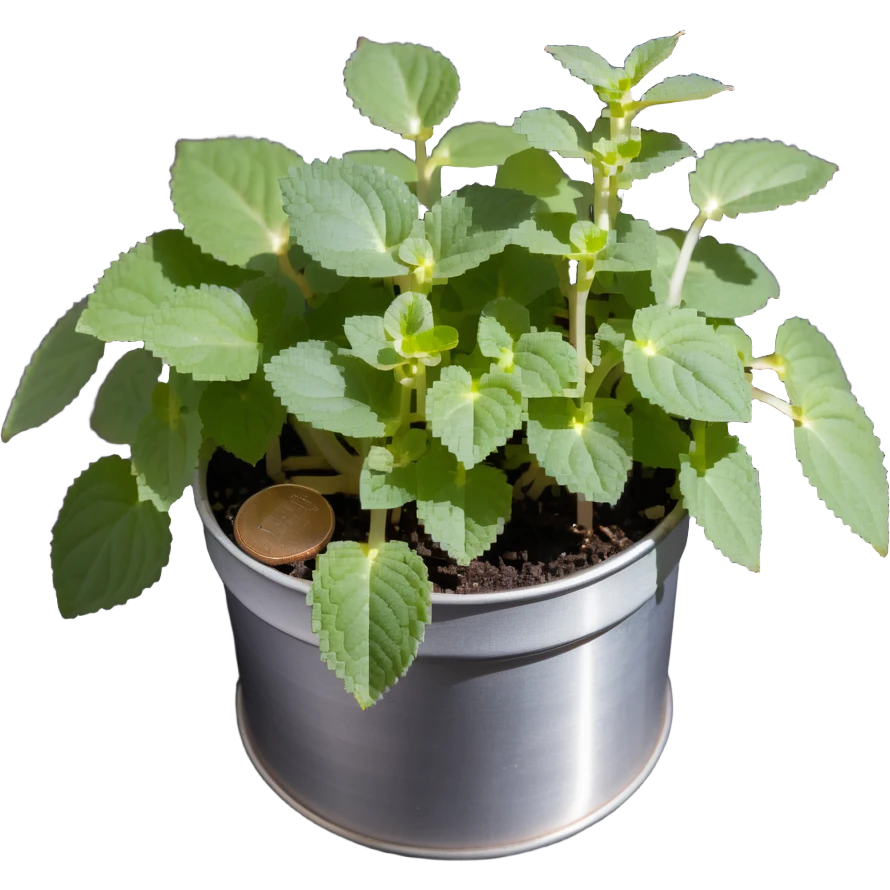 Young sprouts of Plectranthus Verticillatus with perfectly circular coin-shaped leaves in a silver metallic pot emoji