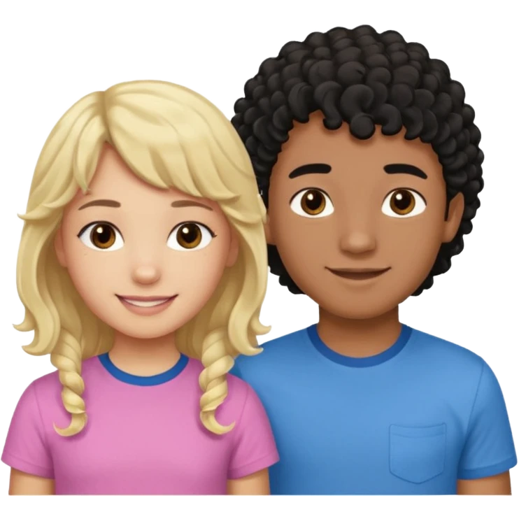 Menino de pele morena de olho castanho meio preto e cabelo cacheados ralo e blusa azul e menina loira de cabelos longos e franja na testa sorrindo com blusa rosa emoji