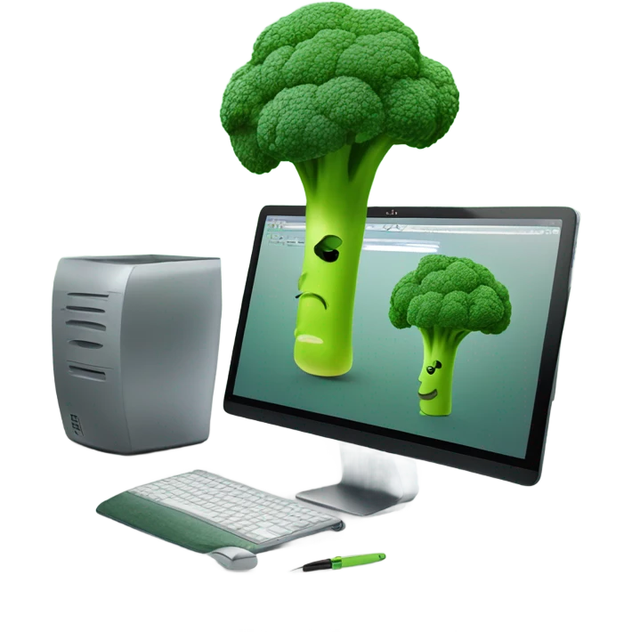 Generate a creative broccoli emoji sitting in front of a computer with a stylus, designing something on a screen. emoji