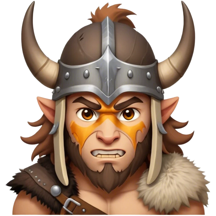 Clash of Clans aesthetic: Cinematic Fierce Barbarian Portrait Emoji, Poised and bold with a rugged yet cartoonish build in tattered furs and a horned helmet, his face rendered in a natural skin tone (not yellow), expressive bright eyes and a confident smirk, Simplified yet dynamic features, highly detailed, glowing with a vivid, adventurous aura, high shine, heroic and spirited, stylized with an air of medieval warrior charm, focused and energetic, soft glowing outline, capturing the essence of a fearless barbarian adventurer ready to lead his clan with spirited valor! emoji