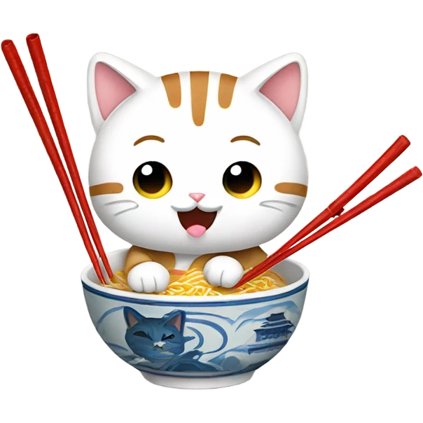 Cat eating a bowl of ramen with chopsticks  emoji