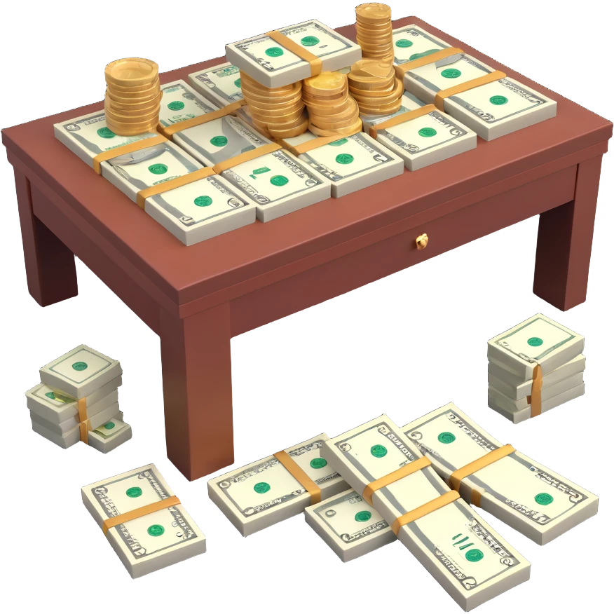 realistic 3D table with assorted jewelry, a Rolex wristwatch, and stacks of money emoji
