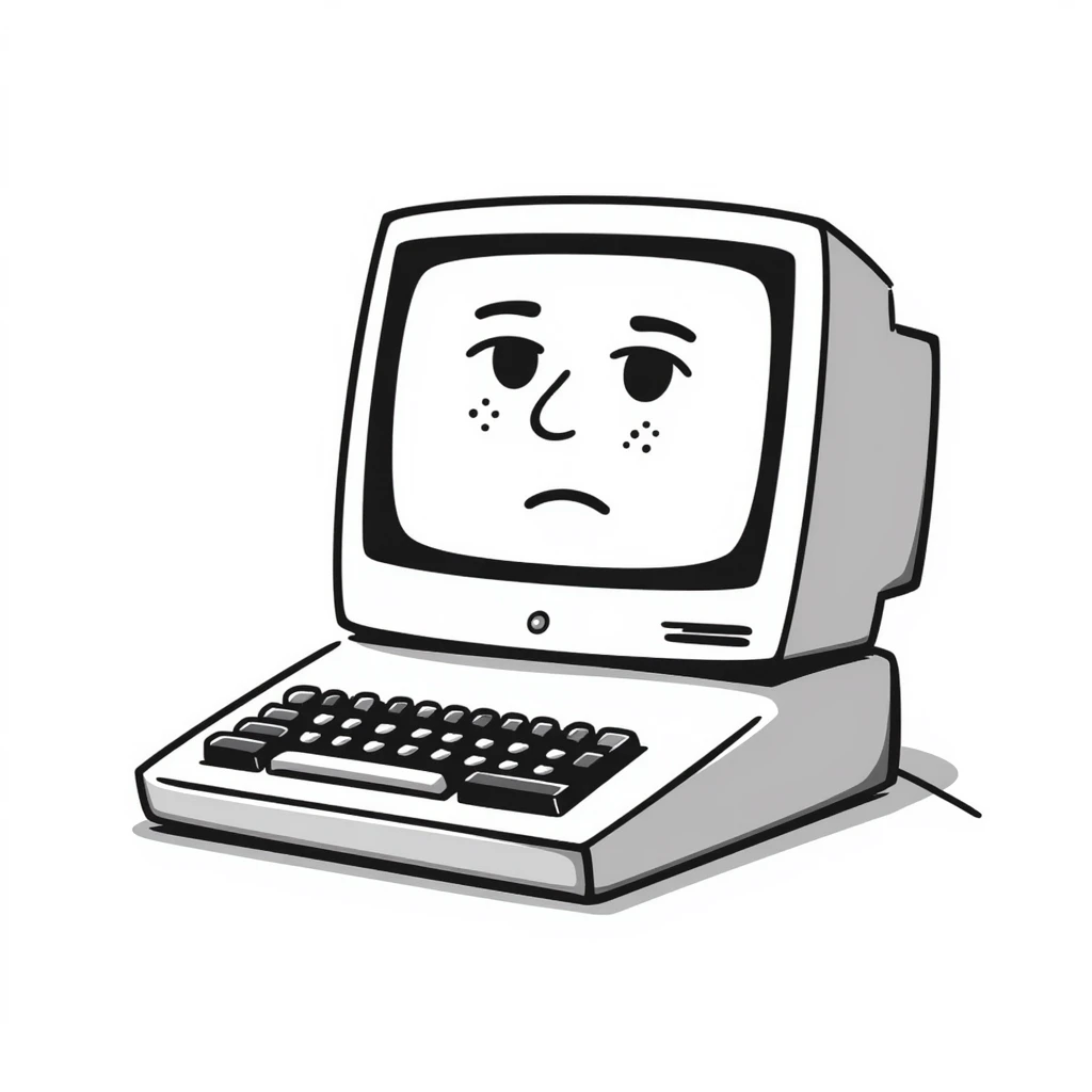 Pixel art style old Macintosh computer with a sad glitchy face on the screen, simple monochrome linework emoji