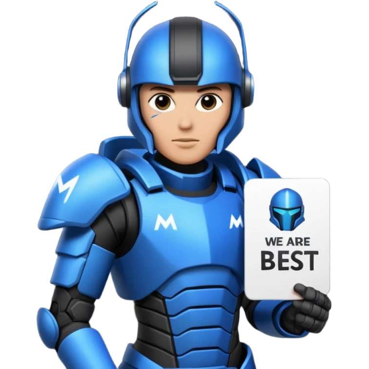 a futeristic scifi soldier in blue and black holding a sign saying Mercs, under this futeristic scifi in blue and black holding a sign is the text we are the best. in gif emoji