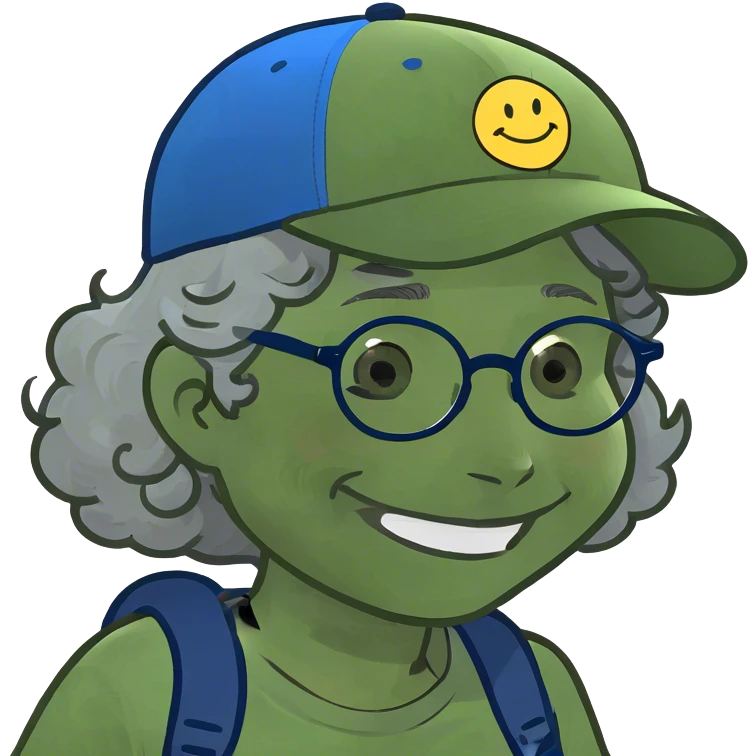 a female, yellow faced emoji, simple style, big smile, winking, blue ball cap on backwards, cartoon, curly grey hair, no eye color, glasses emoji