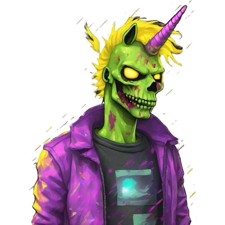 Pixel art of Zombie Vaporwave black holographic oilslick zombie unicorn yellow caution tape emoji