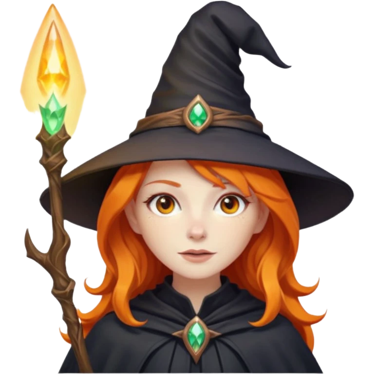 ginger witch with bright orange hair, pointy hat, and magical aura emoji