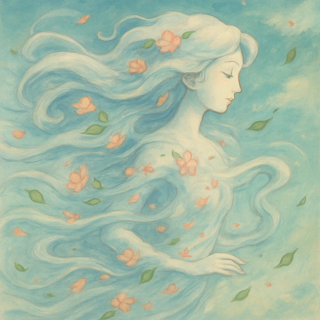 An elegant wind spirit with a flowing, ethereal body made of swirling air currents and flower petals, long flowing hair, visible only by the leaves and dust it carries, painted in a soft whimsical style emoji