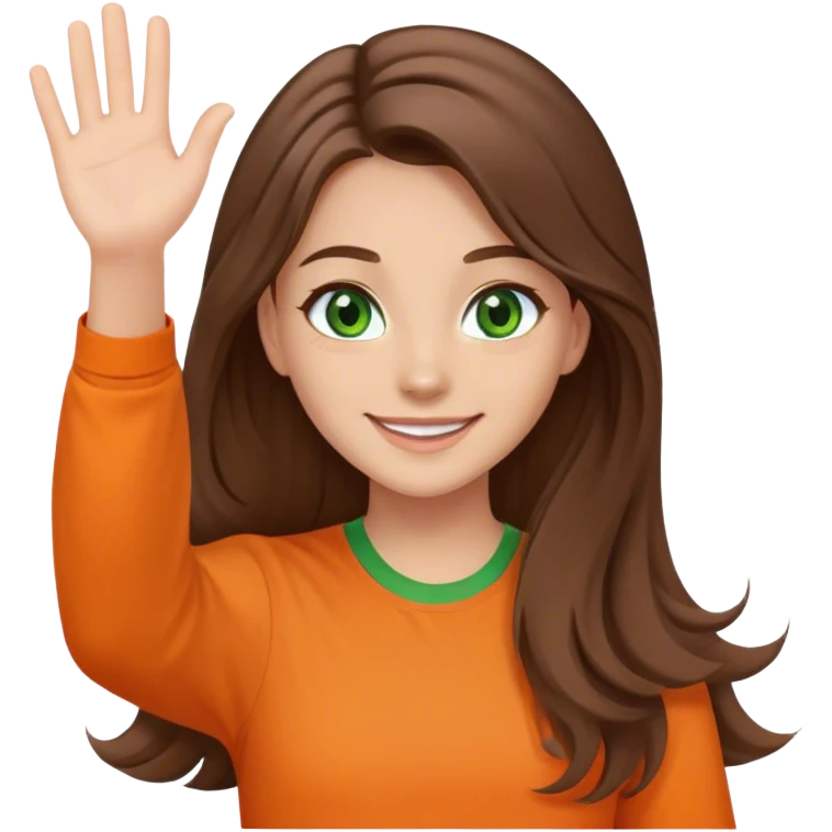 smiling girl with brown hair, long hair, middle hair split, waving, green eyes, orange shirt emoji