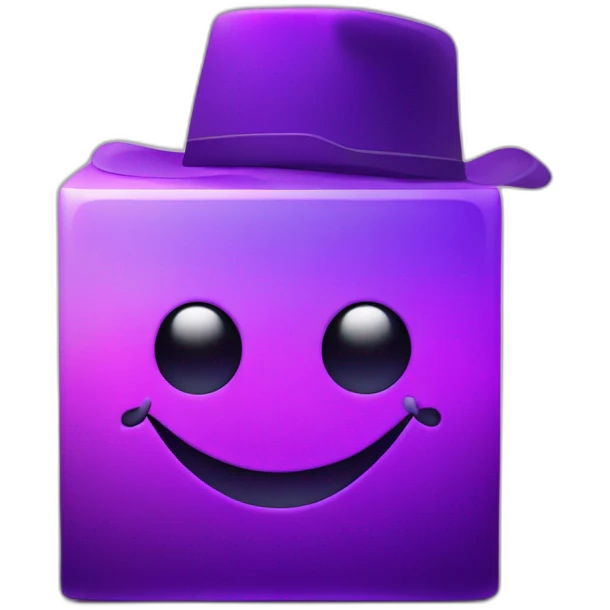 purple gradient smiling cube with 2 long hands on its side and 2 long legs below with a hat emoji