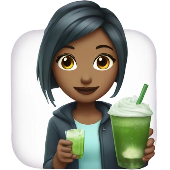Pretty girl holding a glass cup of iced matcha  emoji